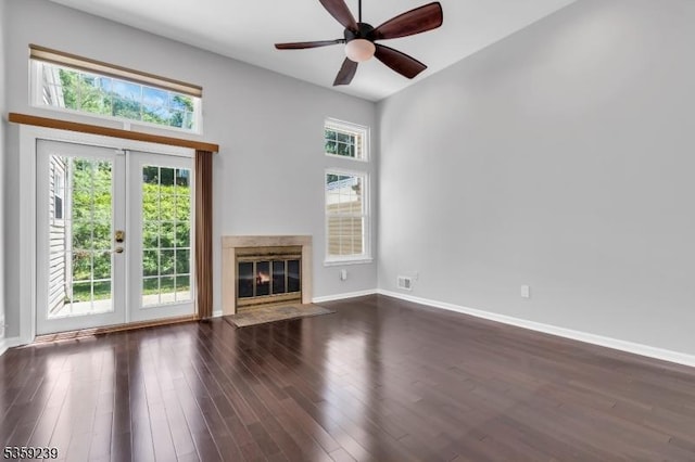 376 Finch Ln, Bedminster Twp, NJ 07921 - unfurnished living room featuring dark wood-style floors, baseboards, ceiling fan, and a premium fireplace