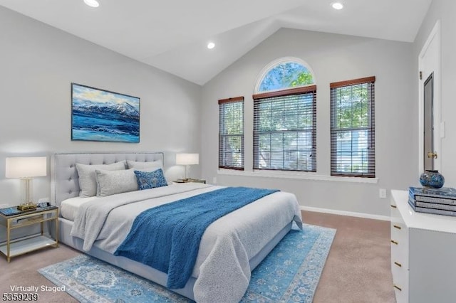 376 Finch Ln, Bedminster Twp, NJ 07921 - bedroom with carpet flooring, lofted ceiling, recessed lighting, and baseboards