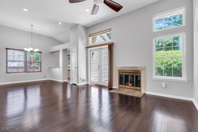 376 Finch Ln, Bedminster Twp, NJ 07921 - unfurnished living room featuring ceiling fan, a chandelier, healthy amount of natural light, a fireplace with flush hearth, and vaulted ceiling
