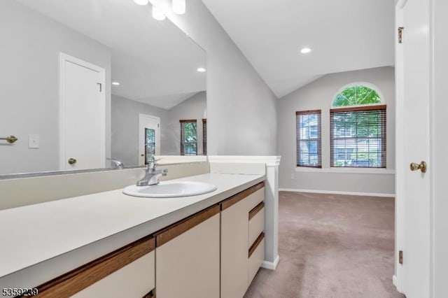376 Finch Ln, Bedminster Twp, NJ 07921 - bathroom with vaulted ceiling, vanity, recessed lighting, and baseboards