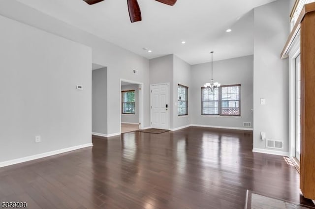 376 Finch Ln, Bedminster Twp, NJ 07921 - unfurnished living room featuring a ceiling fan, dark wood finished floors, baseboards, a chandelier, and recessed lighting
