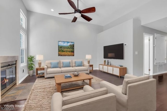 376 Finch Ln, Bedminster Twp, NJ 07921 - living area featuring ceiling fan, a fireplace with flush hearth, baseboards, a high ceiling, and recessed lighting