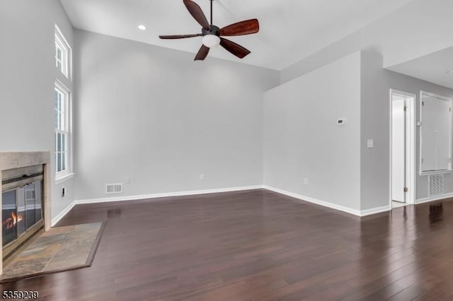 376 Finch Ln, Bedminster Twp, NJ 07921 - unfurnished living room with ceiling fan, a glass covered fireplace, wood finished floors, baseboards, and recessed lighting