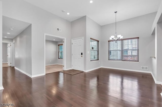 376 Finch Ln, Bedminster Twp, NJ 07921 - foyer with wood finished floors, baseboards, a chandelier, a towering ceiling, and recessed lighting