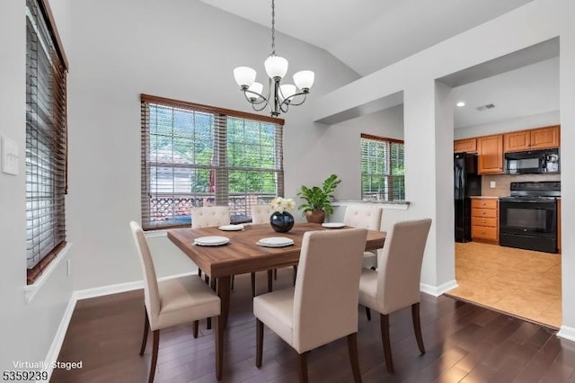 376 Finch Ln, Bedminster Twp, NJ 07921 - dining area featuring vaulted ceiling, a chandelier, dark wood-style floors, and baseboards
