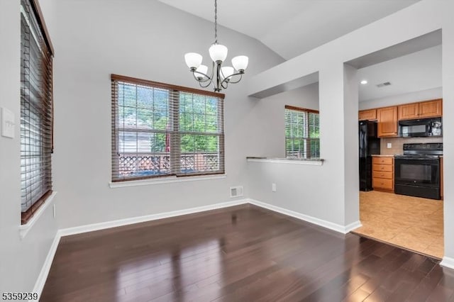 376 Finch Ln, Bedminster Twp, NJ 07921 - unfurnished dining area featuring vaulted ceiling, a chandelier, dark wood finished floors, and baseboards