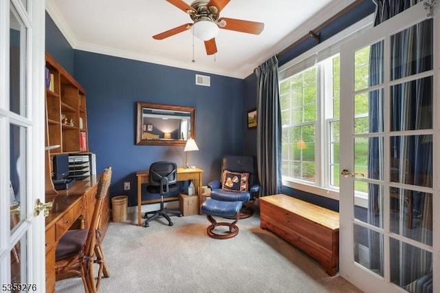 37 Hancock Pl, Franklin Twp, NJ 08873 - office space with carpet floors, ornamental molding, ceiling fan, and french doors