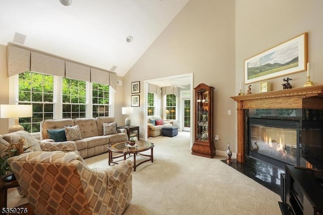 37 Hancock Pl, Franklin Twp, NJ 08873 - living room featuring high vaulted ceiling, carpet, a fireplace, and baseboards