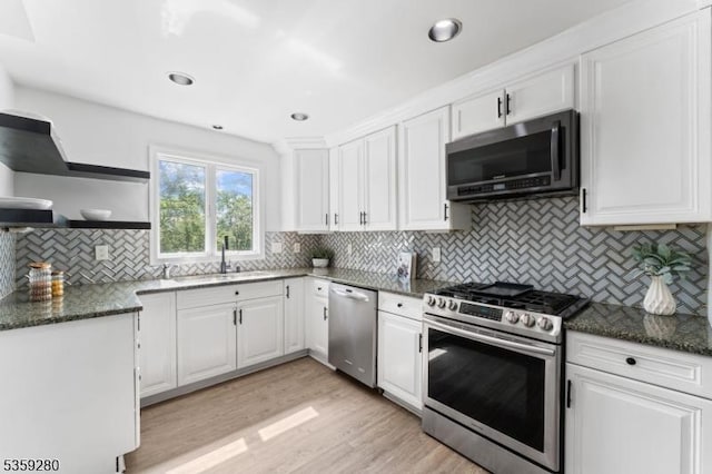 359 Dogwood Way, Mountainside Boro, NJ 07092 - kitchen featuring stainless steel appliances, white cabinets, tasteful backsplash, a sink, and dark stone counters
