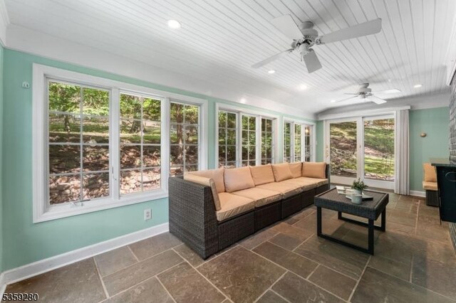 359 Dogwood Way, Mountainside Boro, NJ 07092 - sunroom featuring outdoor lounge area, a ceiling fan, baseboards, stone tile flooring, and recessed lighting