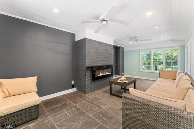 359 Dogwood Way, Mountainside Boro, NJ 07092 - living room featuring recessed lighting, wooden ceiling, ceiling fan, a brick fireplace, and baseboards