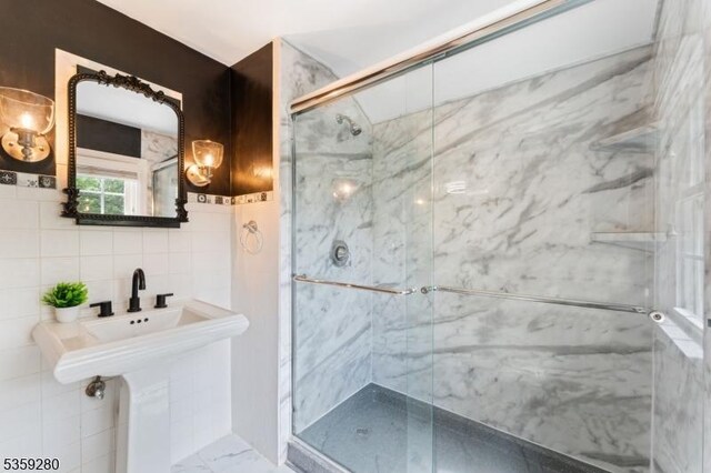 359 Dogwood Way, Mountainside Boro, NJ 07092 - full bathroom with tile walls, a marble finish shower, and marble finish floors