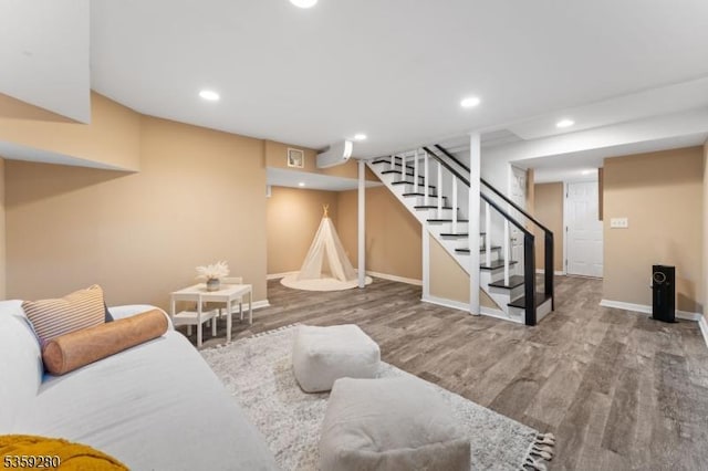 359 Dogwood Way, Mountainside Boro, NJ 07092 - living room with baseboards, stairs, wood finished floors, and recessed lighting
