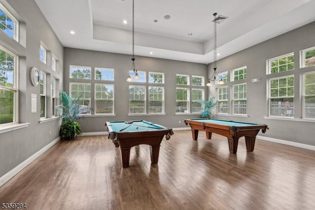 6406 Brookhaven Ct, Riverdale Boro, NJ 07457 - recreation room featuring billiards, wood finished floors, baseboards, recessed lighting, and a tray ceiling