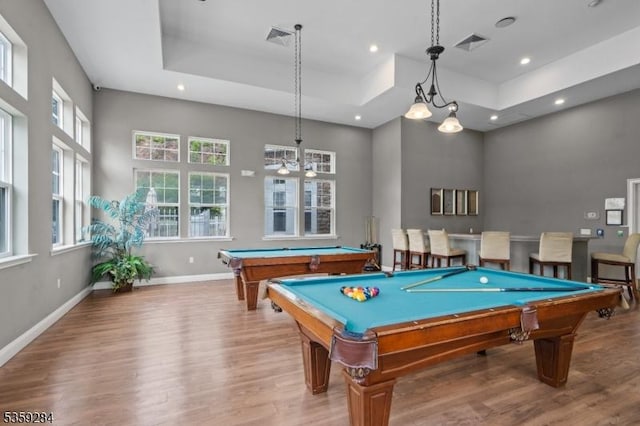 6406 Brookhaven Ct, Riverdale Boro, NJ 07457 - game room featuring a tray ceiling, billiards table, wood finished floors, baseboards, and a high ceiling