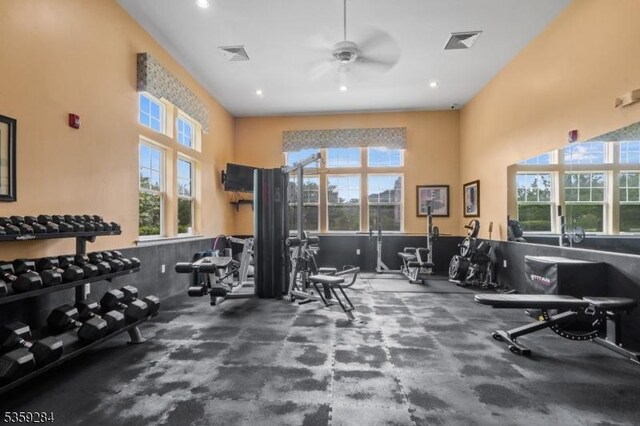 6406 Brookhaven Ct, Riverdale Boro, NJ 07457 - exercise room featuring healthy amount of natural light, a ceiling fan, recessed lighting, and a high ceiling