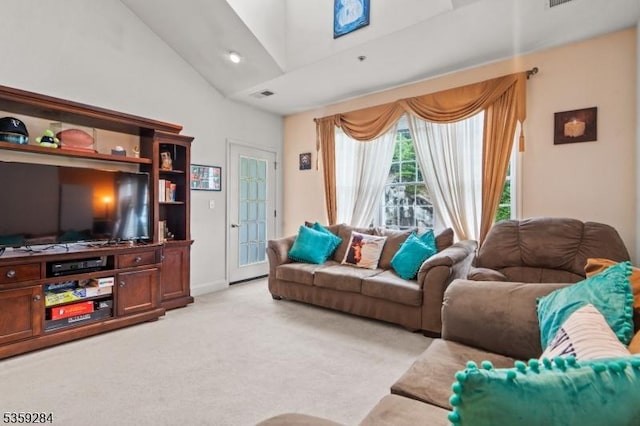 6406 Brookhaven Ct, Riverdale Boro, NJ 07457 - living room with light colored carpet, lofted ceiling, and baseboards