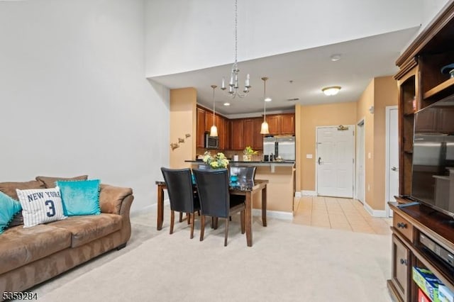 6406 Brookhaven Ct, Riverdale Boro, NJ 07457 - living room with a chandelier, baseboards, light tile patterned floors, recessed lighting, and light colored carpet