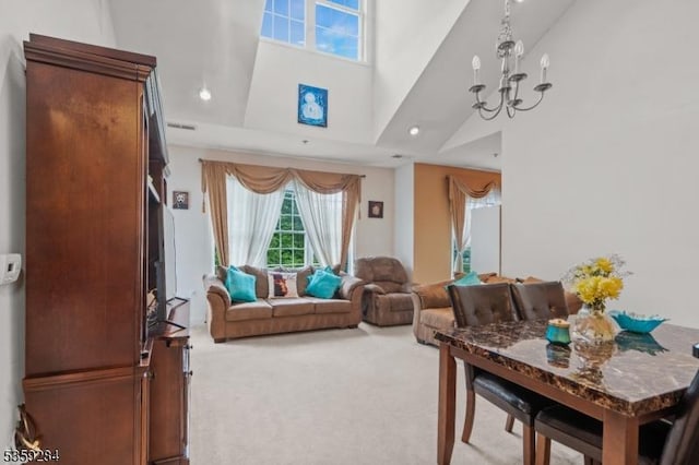 6406 Brookhaven Ct, Riverdale Boro, NJ 07457 - carpeted living room featuring a chandelier, a high ceiling, and recessed lighting