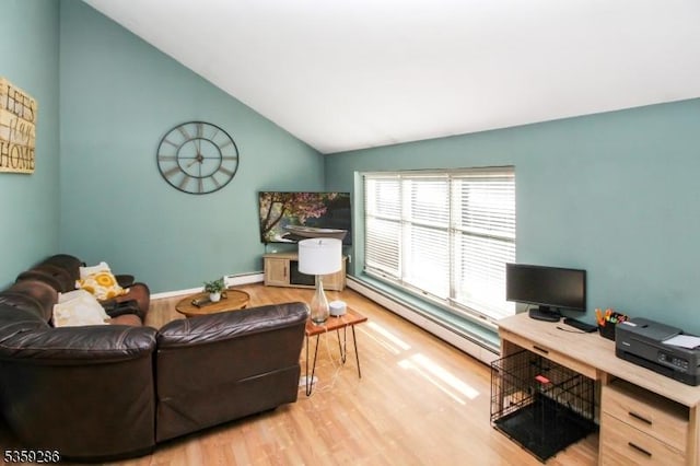 107 Heller Hill Rd, Blairstown Twp, NJ 07825 - living room featuring a baseboard heating unit, wood finished floors, a desk, and vaulted ceiling