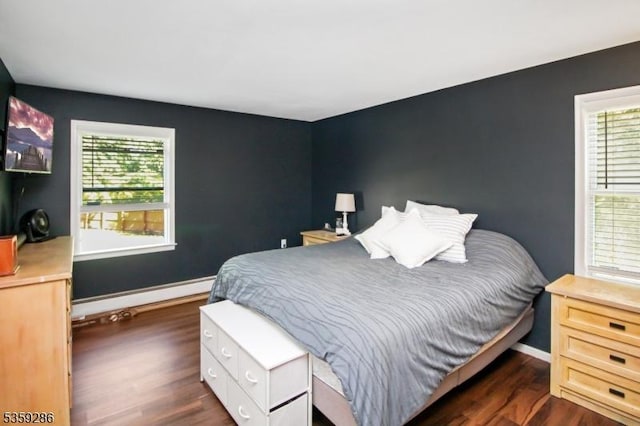107 Heller Hill Rd, Blairstown Twp, NJ 07825 - bedroom featuring baseboard heating, dark wood-style floors, and baseboards