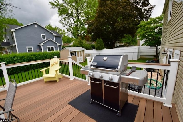 99 Mapes Ave, Springfield Twp, NJ 07081 - wooden terrace featuring a storage shed and grilling area