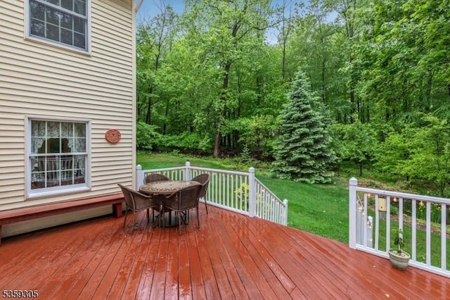 785 Backhus Estate Rd, Lebanon Twp, NJ 08826 - wooden terrace with outdoor dining space and a lawn