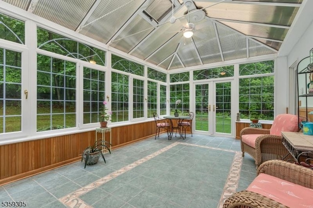 785 Backhus Estate Rd, Lebanon Twp, NJ 08826 - sunroom featuring french doors, ceiling fan, vaulted ceiling, healthy amount of natural light, and wooden walls