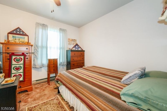 6 Gardenia Rd, Vernon Twp, NJ 07418 - bedroom featuring a baseboard heating unit, light colored carpet, and ceiling fan