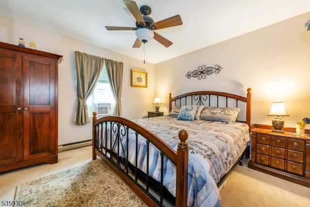 6 Gardenia Rd, Vernon Twp, NJ 07418 - bedroom featuring a baseboard heating unit, light carpet, a ceiling fan, and cooling unit