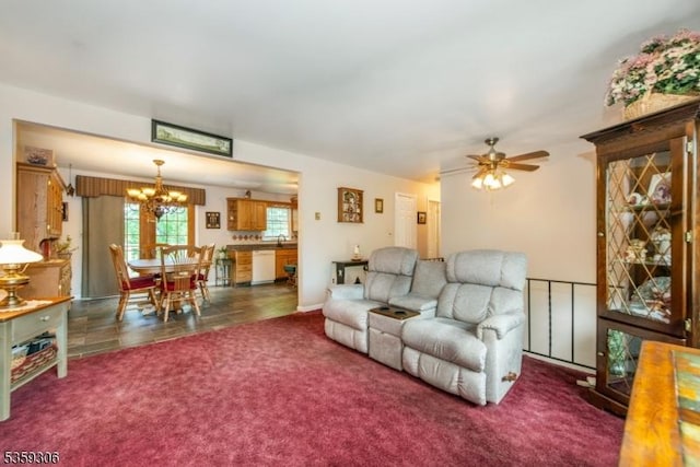 6 Gardenia Rd, Vernon Twp, NJ 07418 - living area featuring a chandelier, carpet floors, and ceiling fan