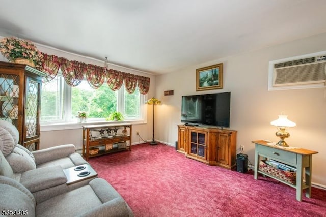 6 Gardenia Rd, Vernon Twp, NJ 07418 - living room featuring a wall mounted air conditioner, carpet floors, and baseboards