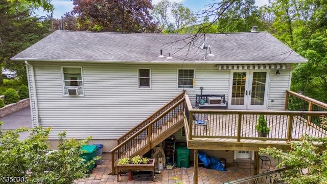 6 Gardenia Rd, Vernon Twp, NJ 07418 - back of house with french doors, a wooden deck, roof with shingles, and stairway