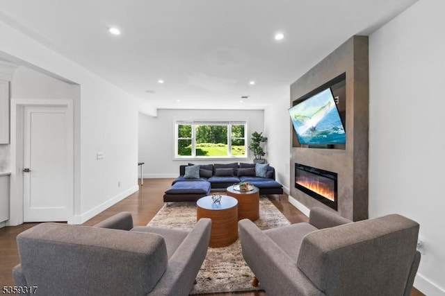190 Riverside Dr, Springfield Twp, NJ 07081 - living room with a glass covered fireplace, recessed lighting, wood finished floors, and baseboards