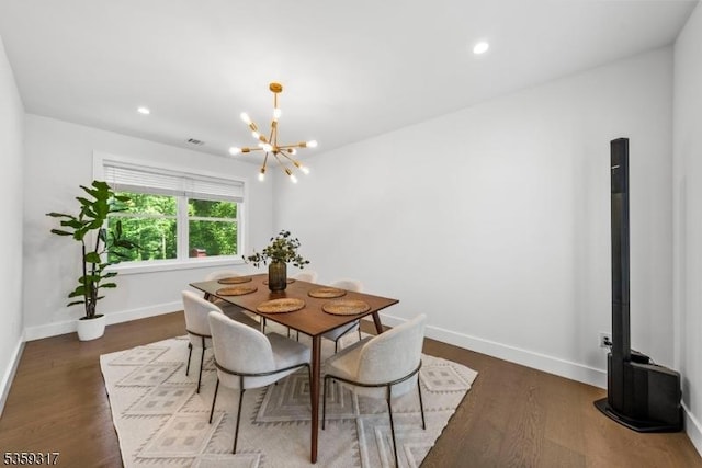 190 Riverside Dr, Springfield Twp, NJ 07081 - dining area with a chandelier, dark wood finished floors, baseboards, and recessed lighting