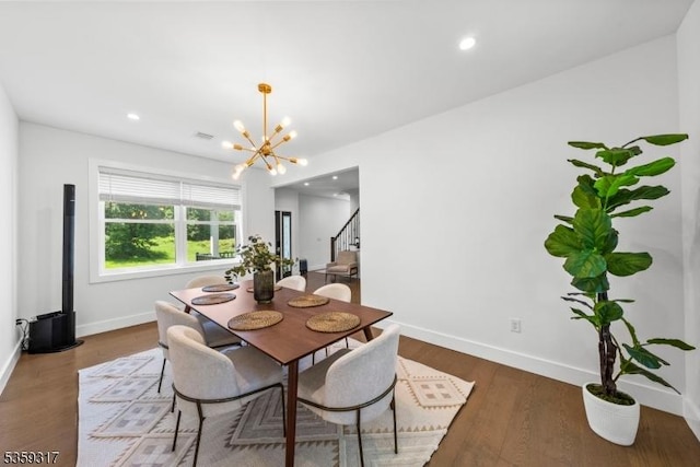 190 Riverside Dr, Springfield Twp, NJ 07081 - dining room featuring a chandelier, baseboards, wood finished floors, stairway, and recessed lighting