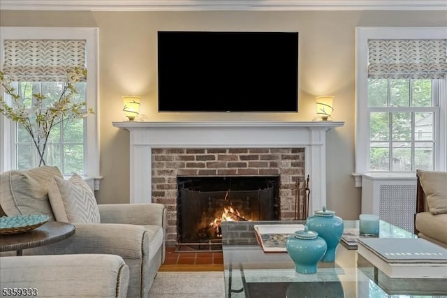 48 Baltusrol Way, Millburn Twp, NJ 07078 - living area featuring a brick fireplace and ornamental molding