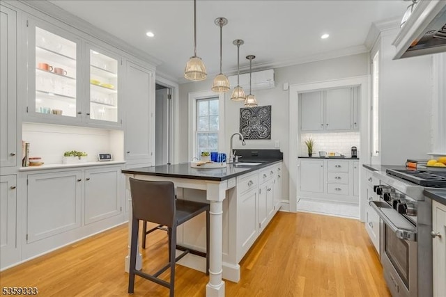 48 Baltusrol Way, Millburn Twp, NJ 07078 - kitchen featuring a sink, high end stainless steel range oven, light wood-type flooring, under cabinet range hood, and recessed lighting