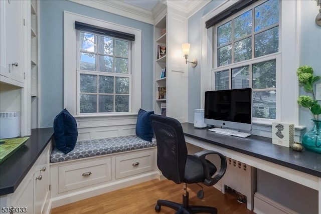 48 Baltusrol Way, Millburn Twp, NJ 07078 - office space featuring crown molding, plenty of natural light, light wood-type flooring, built in study area, and built in shelves