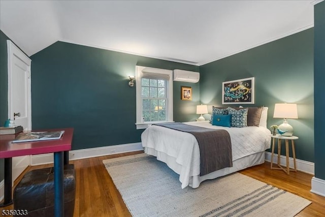 48 Baltusrol Way, Millburn Twp, NJ 07078 - bedroom with a wall mounted AC, wood finished floors, baseboards, lofted ceiling, and crown molding