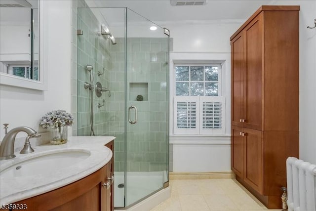 48 Baltusrol Way, Millburn Twp, NJ 07078 - full bathroom featuring radiator, vanity, a stall shower, tile patterned floors, and crown molding