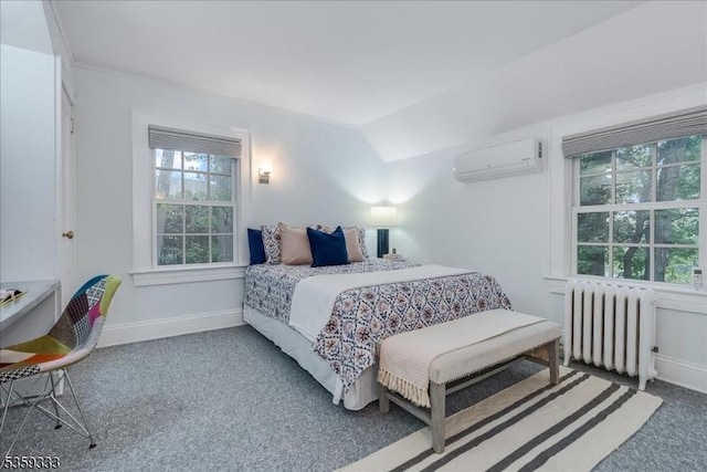 48 Baltusrol Way, Millburn Twp, NJ 07078 - bedroom featuring radiator heating unit, a wall unit AC, carpet floors, lofted ceiling, and baseboards