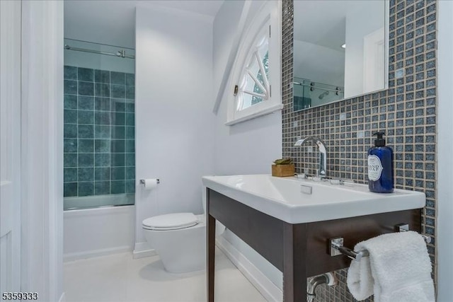 48 Baltusrol Way, Millburn Twp, NJ 07078 - bathroom featuring vanity, backsplash, toilet, and shower / bath combination with glass door
