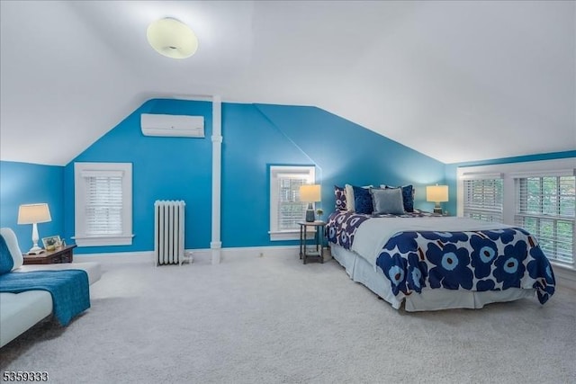 48 Baltusrol Way, Millburn Twp, NJ 07078 - bedroom with radiator heating unit, an AC wall unit, vaulted ceiling, carpet flooring, and baseboards