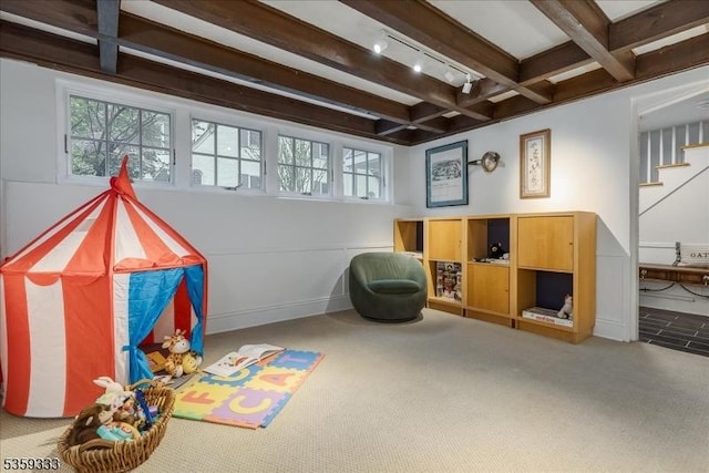 48 Baltusrol Way, Millburn Twp, NJ 07078 - recreation room featuring beamed ceiling, carpet, and track lighting