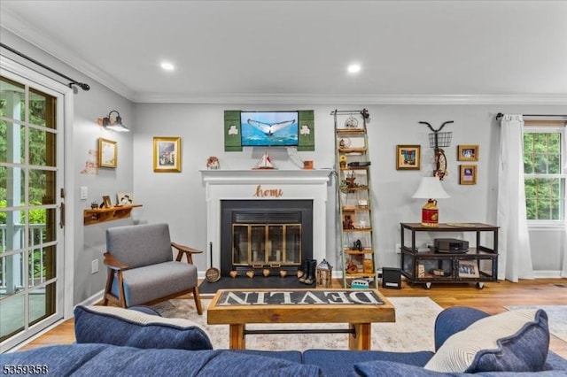 85 Smithfield Ct, Bernards Twp, NJ 07920 - living room with crown molding, wood finished floors, a glass covered fireplace, and recessed lighting