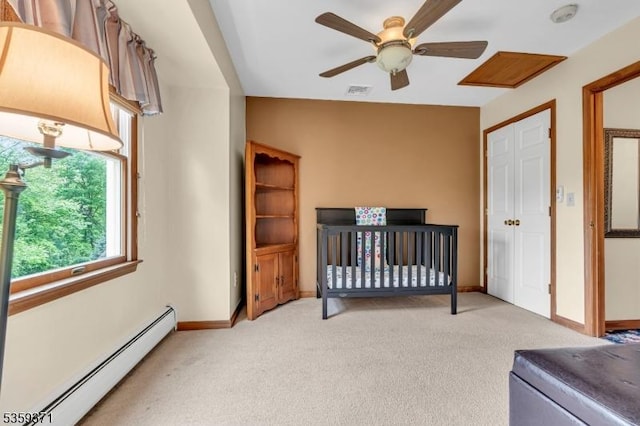 1 Lepont St, Stanhope Boro, NJ 07874 - bedroom featuring baseboard heating, light carpet, and ceiling fan