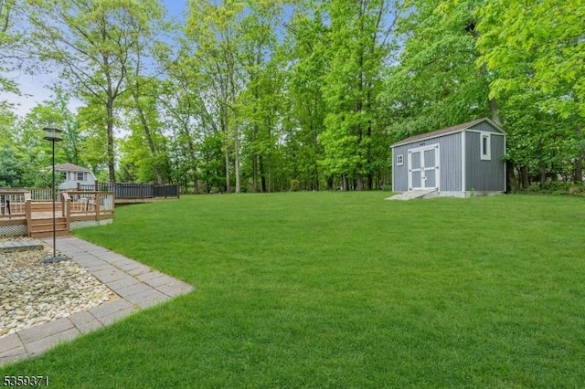 1 Lepont St, Stanhope Boro, NJ 07874 - view of grassy yard featuring a storage unit, a wooden deck, and view of scattered trees