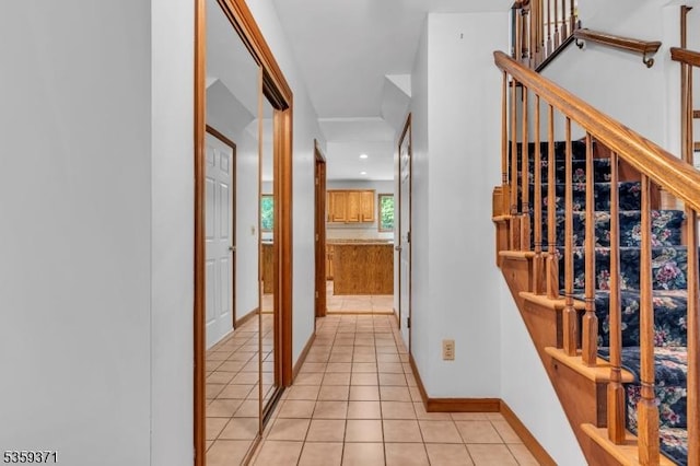 1 Lepont St, Stanhope Boro, NJ 07874 - hall with light tile patterned floors, stairway, and recessed lighting