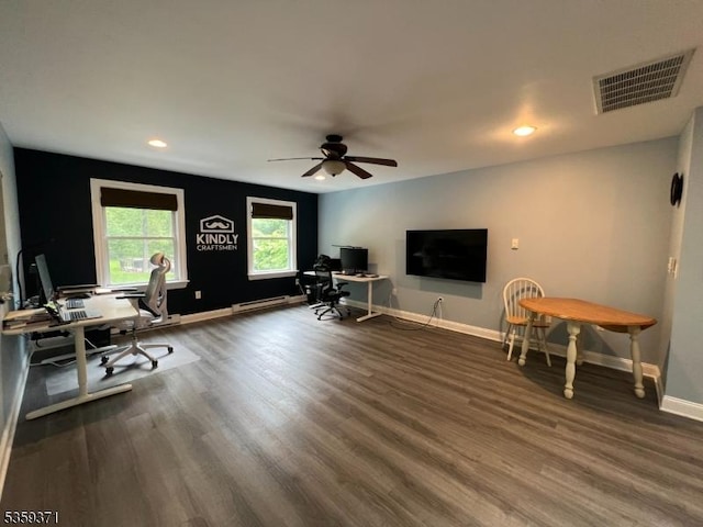 1 Lepont St, Stanhope Boro, NJ 07874 - home office featuring dark wood-type flooring, ceiling fan, recessed lighting, and a baseboard heating unit